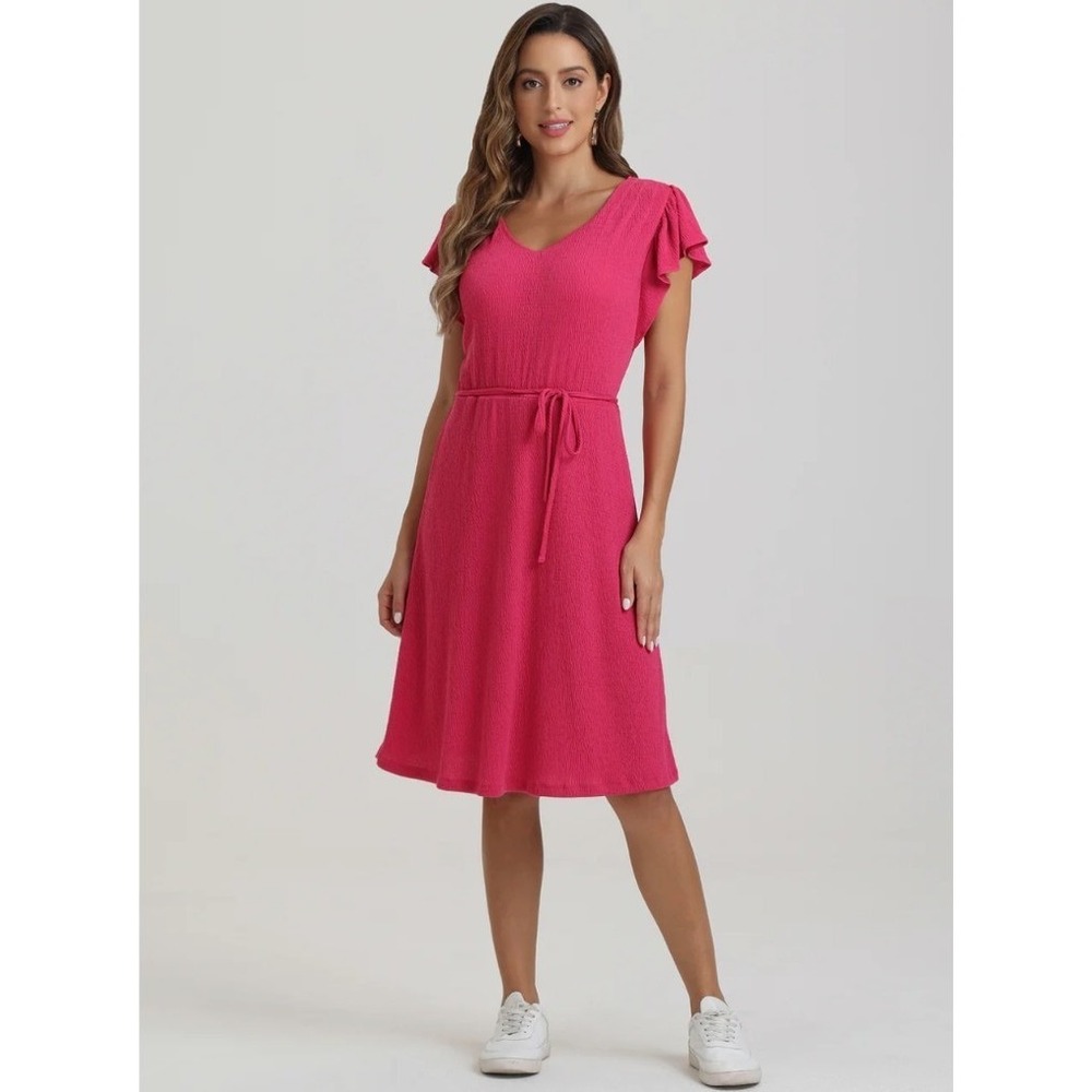Pink Ruffle Sleeve Tie Waist‎ Midi Dress Casual V Neck Flared